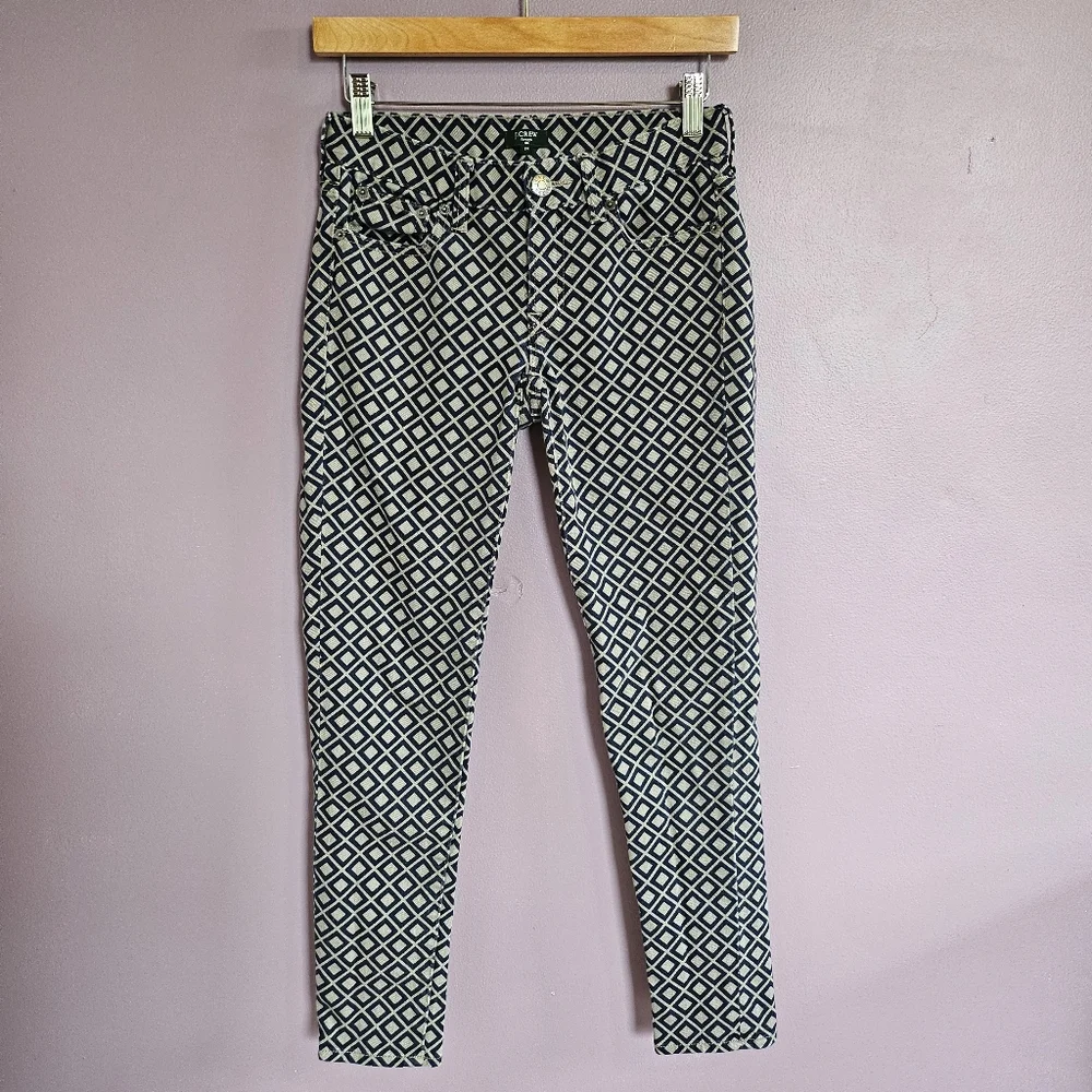 J. Crew Navy & Taupe Geometric Diamond Print Low Rise Stretch Skinny Jeans